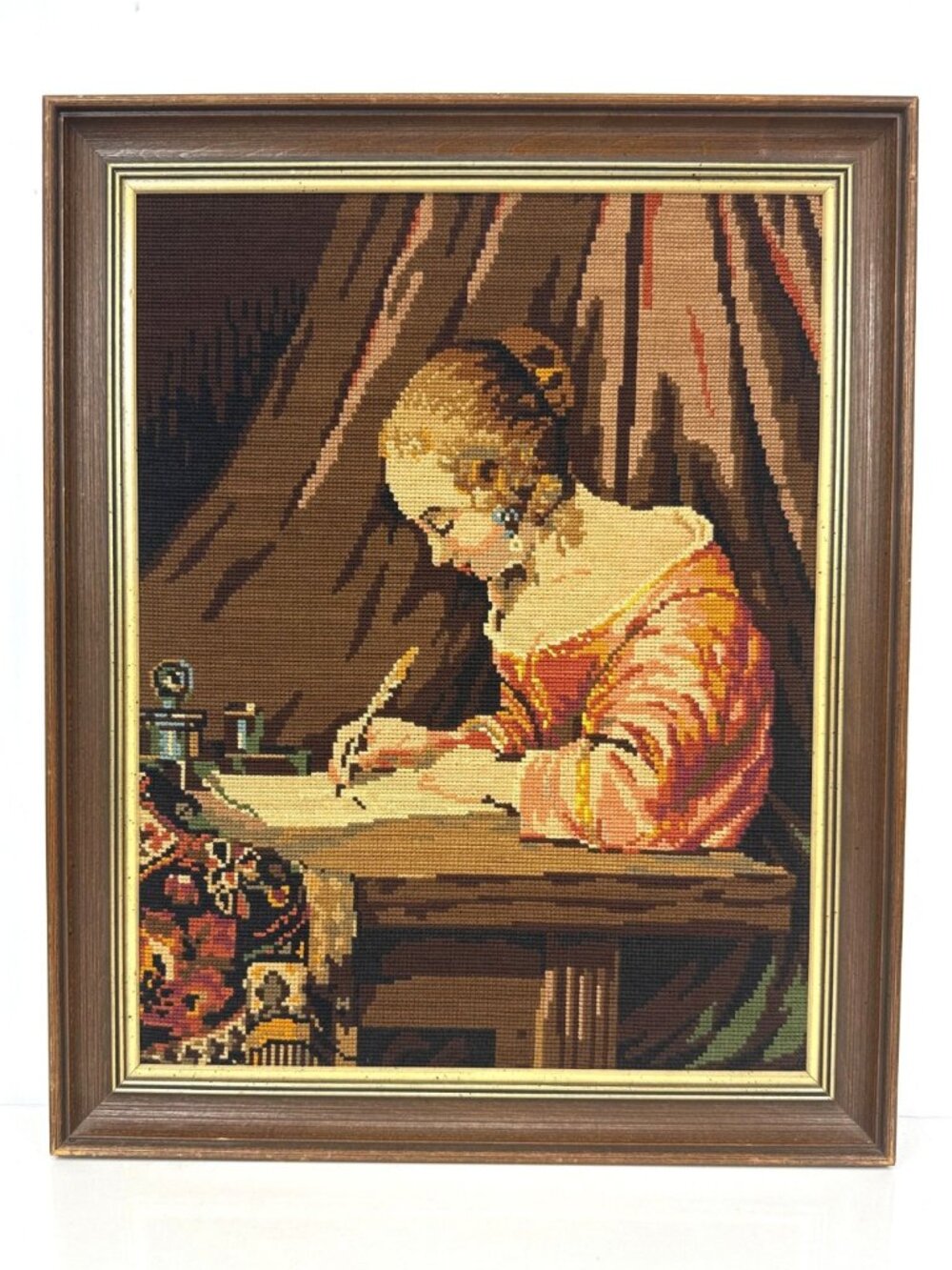 HANDMADE VTG Needlepoint Ter Borch Woman Writing a Letter Framed Wall Art 21x17